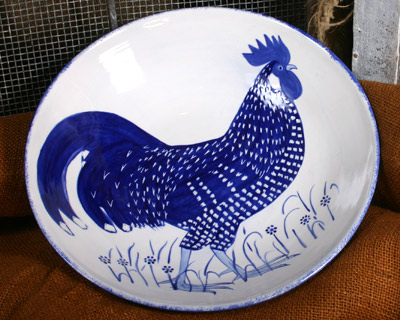 blue and white cockerel design large bowl