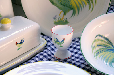 bone china cockerel egg cup, butter dish and bowl