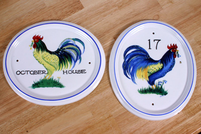 bone china cockerel egg cup, butter dish and bowl