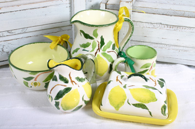 lemon design bowl, jugs, mug and butter dish