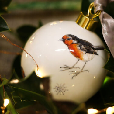 Robins with Snowflakes Bone China Bauble Christmas Decoration