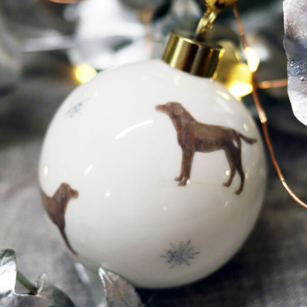 Chocolate Labrador Bone China Bauble Decoration with Snowflakes