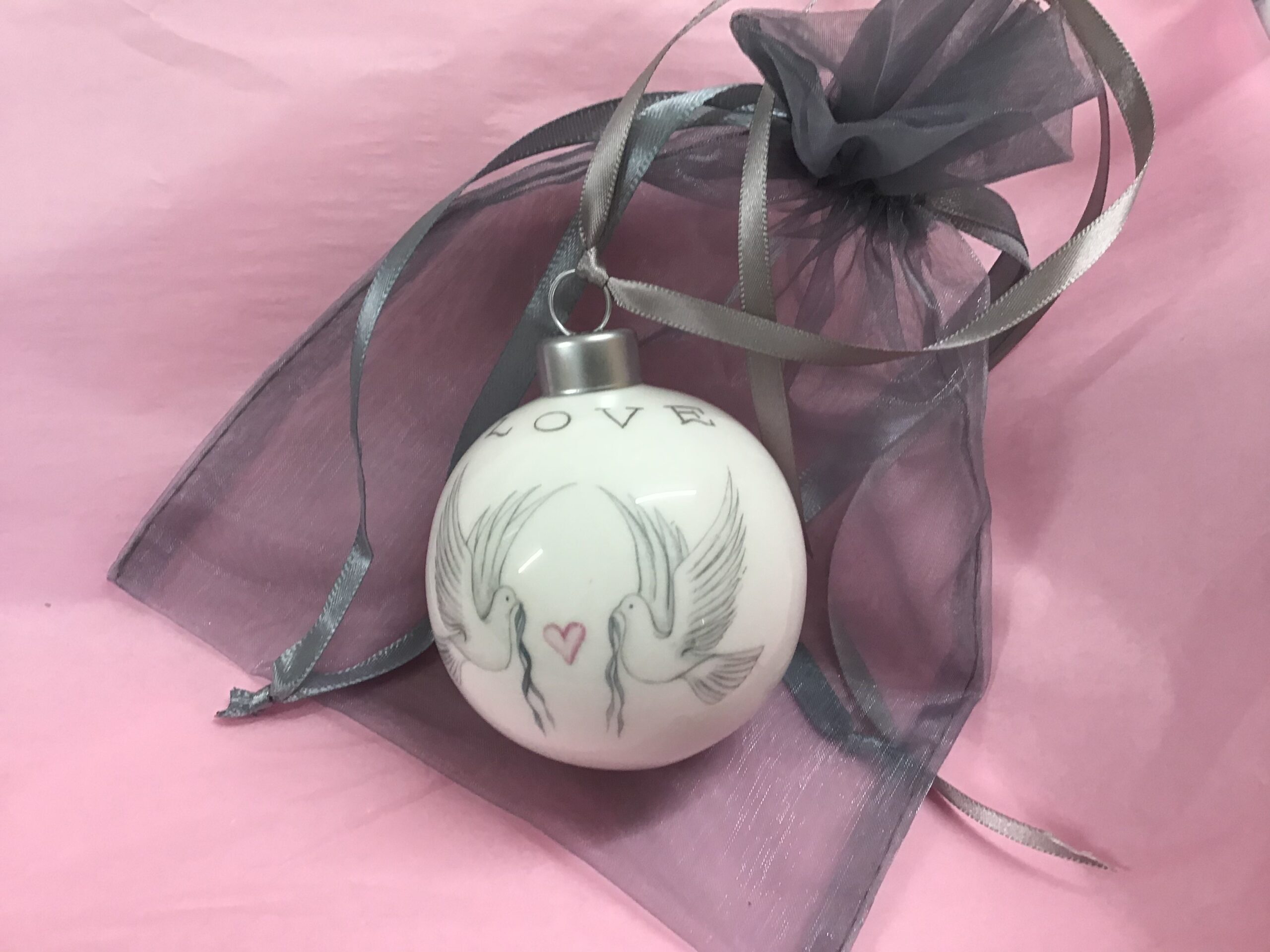 Dove and Heart pink bauble